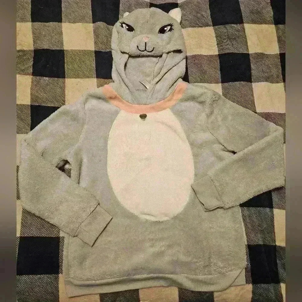 No Boundaries Juniors Gray Cat Hoodie Fuzzy Sweater Size Large 11/13